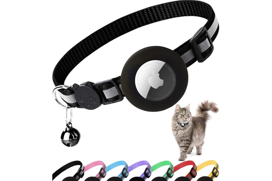 Airtag Cat Collar Breakaway, Reflective Kitten Collar with Apple Air Tag Holder and Bell for Girl Boy Cats, 0.4 Inches in Width and Lightweight(Black)