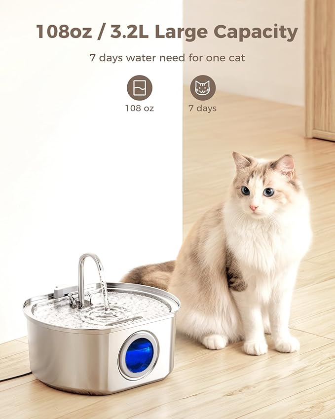 Cat Water Fountain Stainless Steel: 108oz/3.2L Cat Fountain for Drinking- Pet Water Fountain for Cats Inside