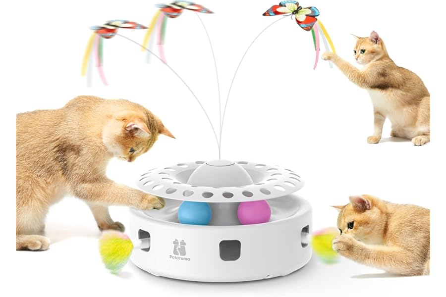 Potaroma Cat Toys 3in1 Automatic Interactive Kitten Toy, Fluttering Butterfly, Moving Ambush Feather, Track Balls, Dual Power Supplies, USB Powered, Indoor Exercise Kicker (Bright White)