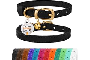 BRONZEDOG Leather Cat Collar with Removable Bells Non Breakaway Kitten QR Tag for Girl Boy (7" - 9" for Cats, Black & Gold)