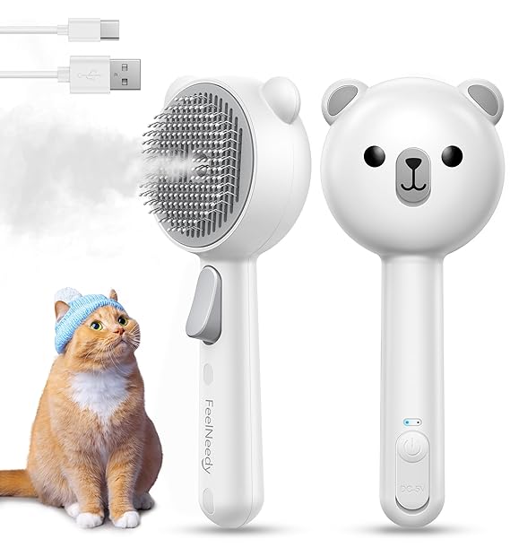 Cat Steam Brush, Brushes for Indoor Cats with Release Button, Dual Speed Spray USB