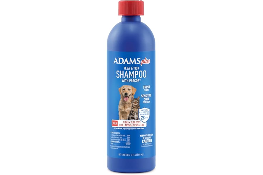 Adams Plus Flea & Tick Shampoo with Precor for Cats, Kittens, Dogs & Puppies Over 12 Weeks Of Age Sensitive Skin Flea Treatment | Kills Adult Fleas, Flea Eggs, Ticks, and Lice| 12 Ounces