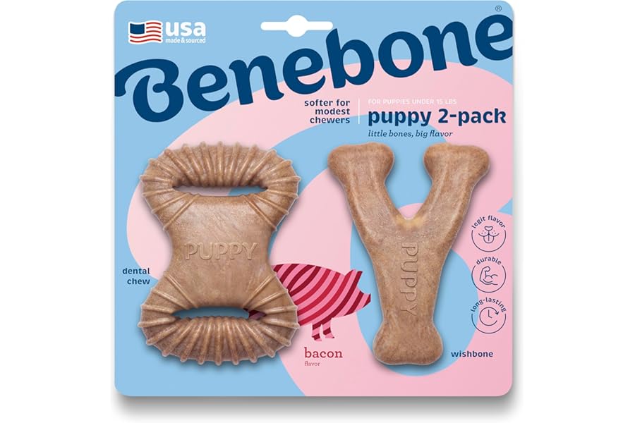 Benebone Puppy 2-Pack Dental Chew/Wishbone Dog Chew Toys, Made in USA, Real Bacon Flavor