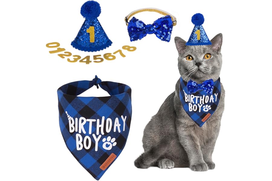 ADOGGYGO Cat Birthday Party Supplies, Birthday Boy Plaid Kitten Bandana, Blue Cat Party Hat with Numbers, Bowtie (Blue)