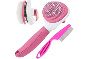 Cat Brushes for Indoor Cats, Dog Brush for Shedding with Metal Cat Comb, Self Cleaning Pet Hair Brush with Release Button for Grooming Kitten(Pink)