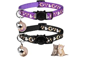 2PCS Breakaway Cat Collars with Bell Moons Stars Cute Kitty Adjustable Safe Kitten Collars with Pendant Glow in The Dark(Black&Purple)