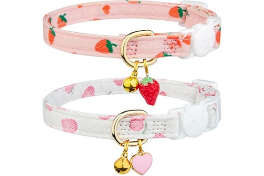 2 Pack Cotton Breakaway Cat Collar Pink Strawberries and White Heart Shaped Pendant Cute Kitten Cat Collar with Bell