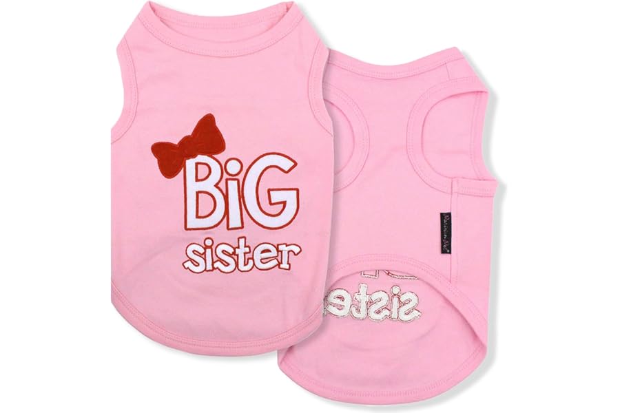 Parisian Pet Dog T-Shirt with Embroidered ' Big Sister ' - Breathable Big Sister Dog Shirt - Sleeveless Pet Vest - Machine Washable Pink Clothes for Medium-Sized Dogs - M