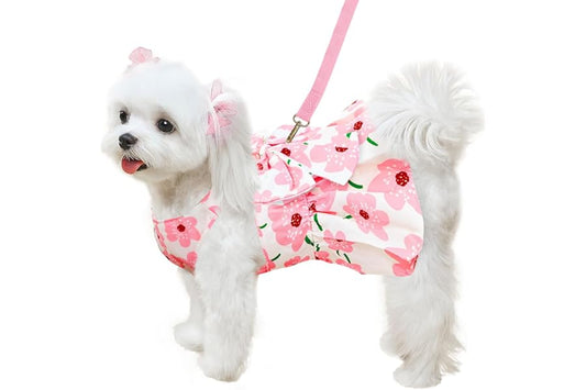 ABRRLO Cute Dog Dress Small Dog Clothes For Girls Female Puppy Outfits Pink Floral Pet Summer Clothes Bowknot Doggy Cat Princess Dress Harness Set for Holiday Birthday Party Costume Clothing (Pink,XS)