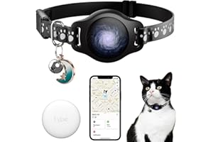 Cat Tracker Collar Waterproof Airtag Cat Collar with Finder Tag (iOS ONLY Not for Android Devices), Compatible with Apple Find My, Breakaway Tractive with Reflective Pattern & Bell, Black, 8-12"