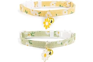 2 Pack Cotton Breakaway Cat Collar with Bell Yellow&Green Flowers Pendant Cute Kitten Cat Collar Suitable for Girls and Boys