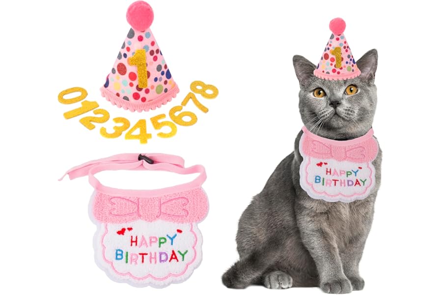 ADOGGYGO Cat Birthday Party Supplies, Pink Girl Cat Kitten Birthday Bandana Hat Numbers Pet Birthday Decorations Outfits