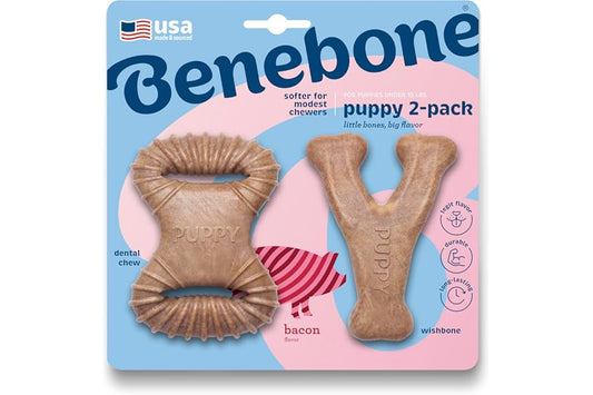 Benebone Puppy 2-Pack Dental Chew/Wishbone Dog Chew Toys, Made in USA, Real Bacon Flavor