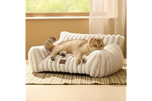 Bedsure Cute Couch for Pets - Fluffy Cat Sofa with Premium Soft Corduroy Fleece, Fuzzy Couch Bed with Removable Washable Cover, Supportive Cat Chair for Indoor Cats, 24inch, Cream