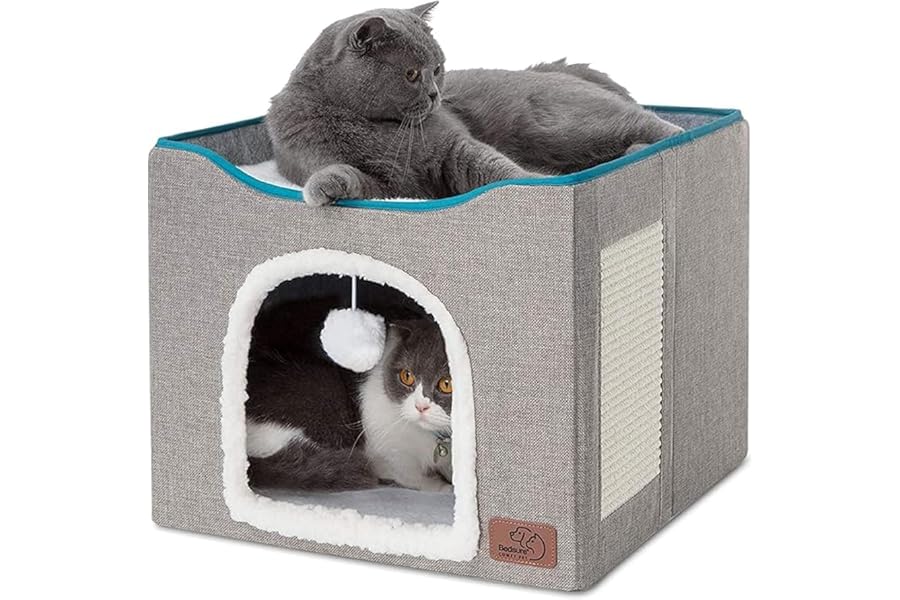 Bedsure Cat Beds for Indoor Cats - Large Cat Cave for Pet Cat House with Fluffy Ball Hanging and Scratch Pad, Foldable Cat Hideaway,16.5x16.5x13 inches, Grey