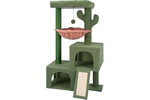 AIWIKIDE 37.4" Cactus Cat Tree Tower with Twin Cat Condos for Indoor Cats, All-in-One Activity Center with Cat Scratching Post Cozy Sleeping Perch Hammock and Toy Balls,Green …