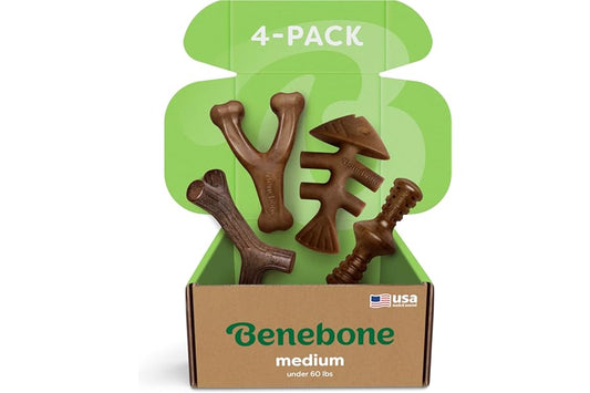 Benebone Medium 4-Pack Dog Chew Toys for Aggressive Chewers, Made in USA, 60lbs and Under